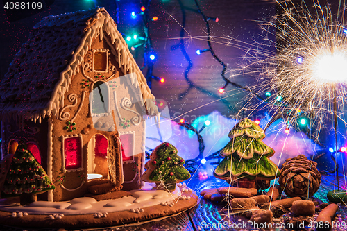 Image of Gingerbread house with lights