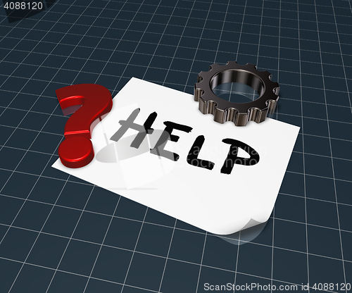 Image of the word help on paper sheet, gear wheel and question mark - 3d rendering