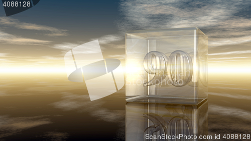 Image of number ninety in glass cube under cloudy sky - 3d rendering