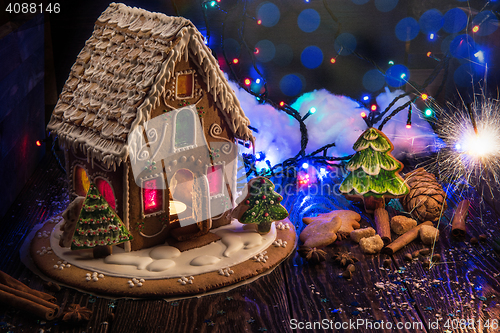 Image of Gingerbread house with lights