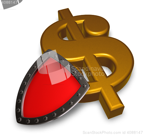 Image of dollar symbol and metal shield - 3d illustration