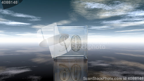 Image of number ninety in glass cube under cloudy sky - 3d rendering