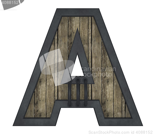 Image of wooden uppercase letter a with metal frame on white background - 3d illustration