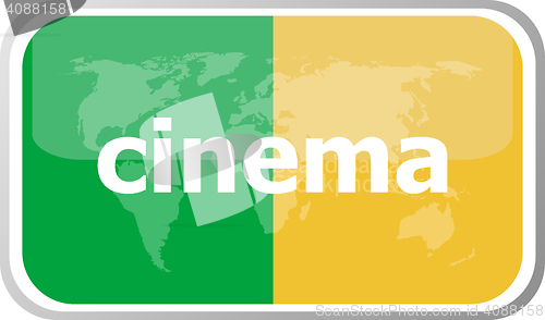 Image of cinema word on vector web button icon isolated on white. World earth map icon vector illustration.