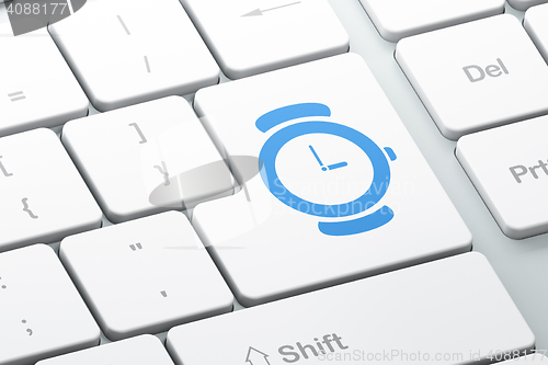 Image of Timeline concept: Hand Watch on computer keyboard background