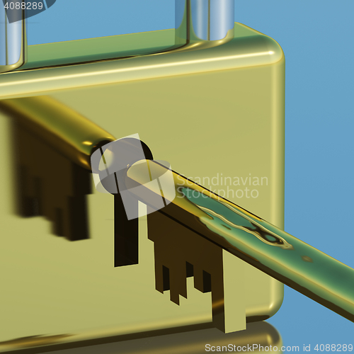 Image of Padlock With Key Closeup Showing Security Protection And Safety