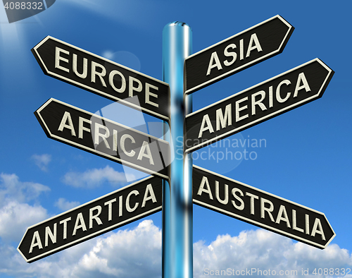 Image of Europe Asia America Africa Antartica Australia Signpost Showing 