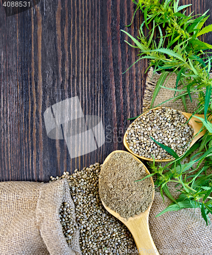 Image of Flour hemp with grain in spoons on board