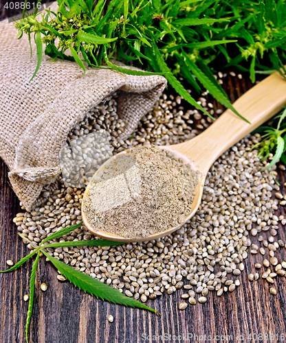 Image of Flour hemp in spoon with leaf and bag on board