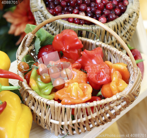 Image of Wicker basket filled with fresh fruit and vegetables