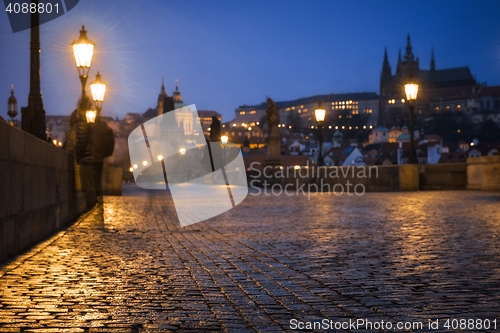 Image of Charles Bridge in Prague at dawn Czech Republic