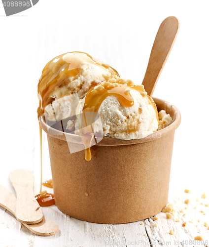 Image of ice cream with caramel sauce and ground nuts