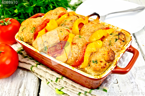 Image of Cutlets of turkey with peppers in pan on napkin