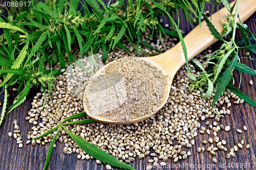 Image of Flour hemp in spoon with leaf on dark board