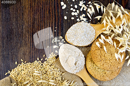 Image of Flour oat with bran in spoons and cookies on board