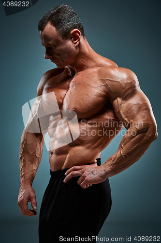 Image of torso of attractive male body builder on gray background.