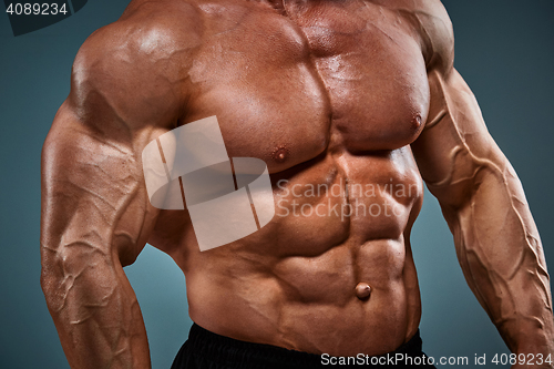 Image of torso of attractive male body builder on gray background.