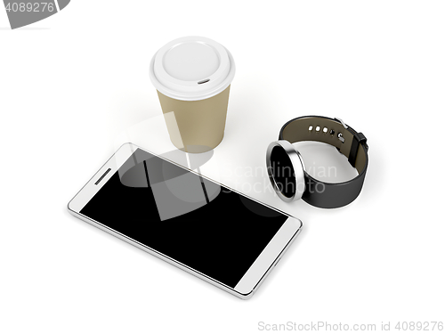 Image of Smartphone, smartwatch and coffee cup