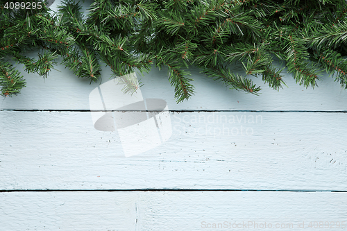 Image of Christmas fir tree on light blue wooden plank with copyspace