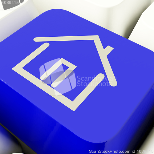 Image of House Symbol Computer Key In Blue Showing Real Estate Or Rentals