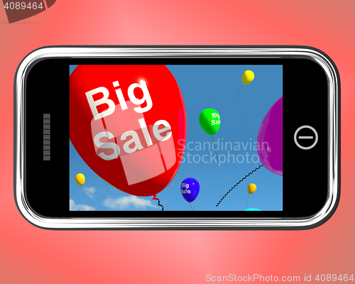 Image of Big Sale Balloons On Mobile Phone Shows Promotions And Reduction