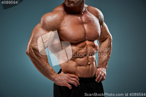 Image of torso of attractive male body builder on gray background.