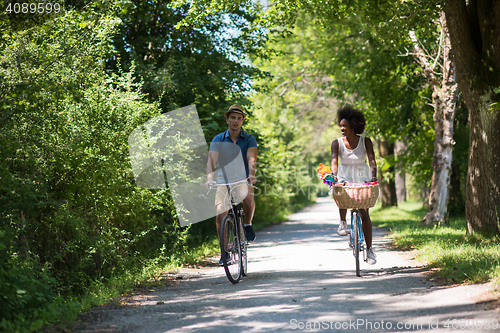 Image of Young multiethnic couple having a bike ride in nature