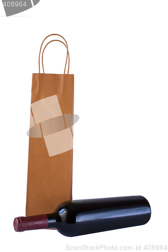 Image of Wine Bottle and Bag on white background with clipping path