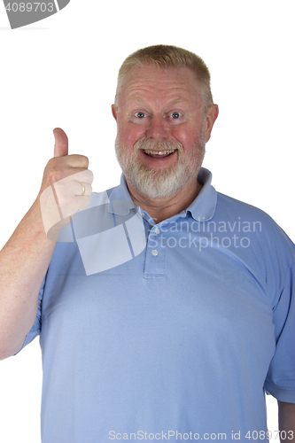 Image of Laughing male senior holding thumbs up