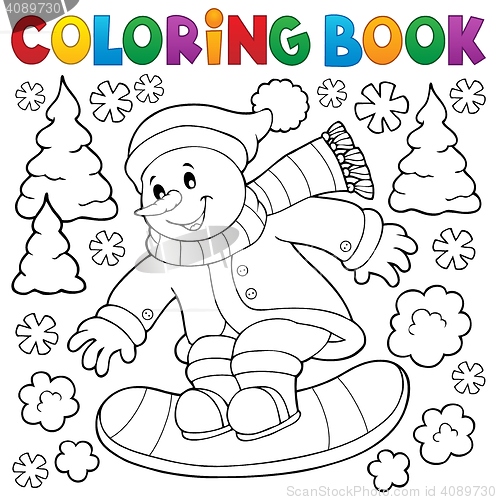 Image of Coloring book snowman on snowboard