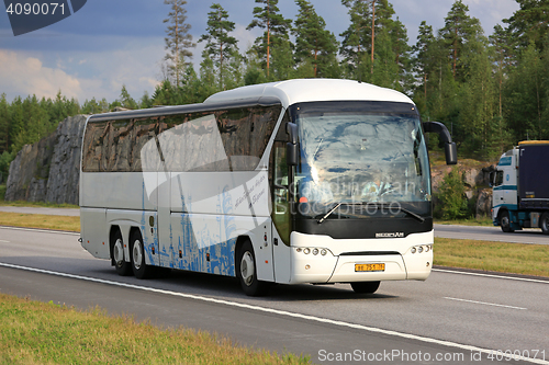 Image of White Neoplan Tourliner Coach Bus on Motorway