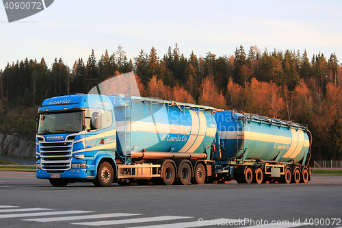 Image of Scania Double Tanker in Autumn Evening Light 