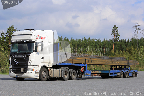 Image of White Scania R620 Semi Transports Iron Beams