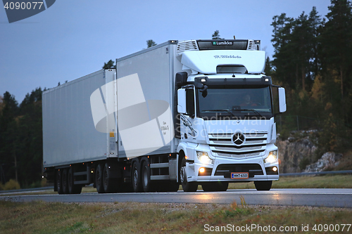 Image of Mercedes Benz Actros Reefer Truck Late Night Trucking