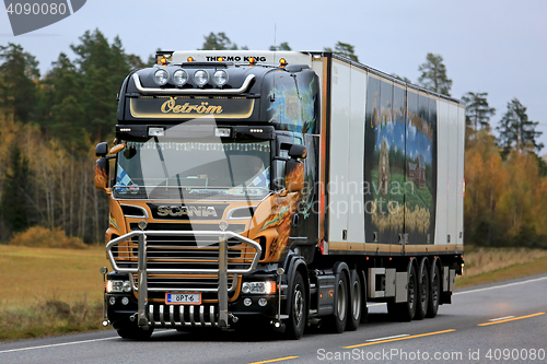 Image of Scania Refrigerator Semi Truck in Autumn Scenery