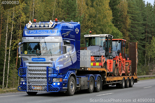 Image of Customized Scania Semi Transports Roadworks Equipment