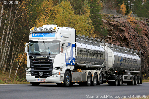 Image of White Super Scania R620 Tank Truck on the Road