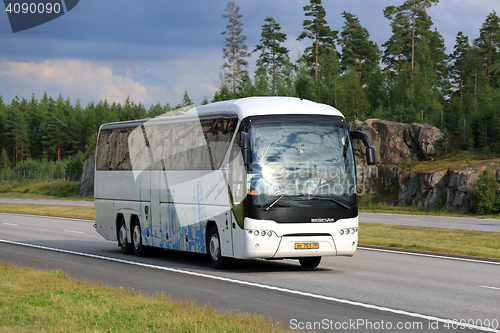 Image of White Neoplan Tourliner Coach Bus on Motorway