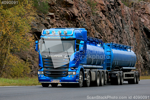 Image of Blue Scania R580 Tank Truck on the Road