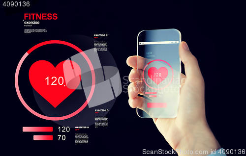 Image of close up of hand with smartphone measuring pulse