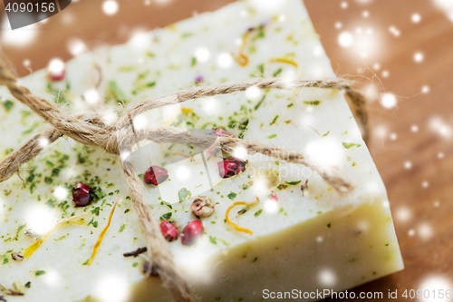 Image of close up of handmade soap bars on wood