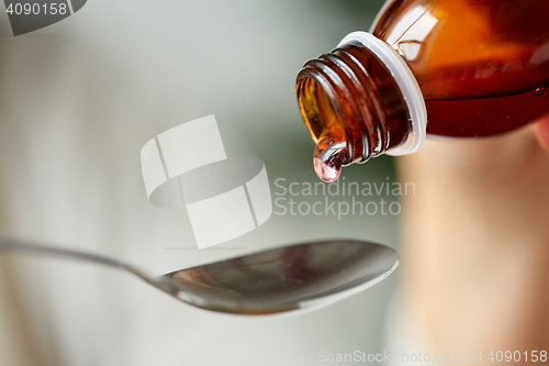 Image of medication or antipyretic syrup and spoon