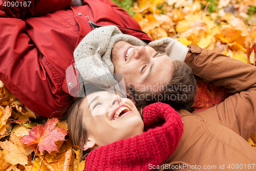 Image of close up of smiling couple lying on autumn leaves