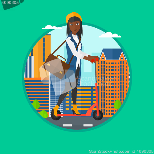 Image of Woman riding kick scooter vector illustration.