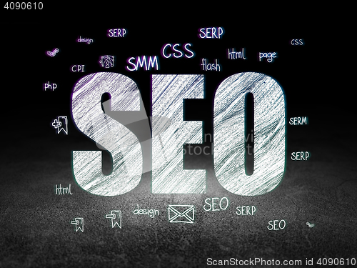 Image of Web development concept: SEO in grunge dark room