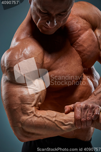 Image of torso of attractive male body builder on gray background.