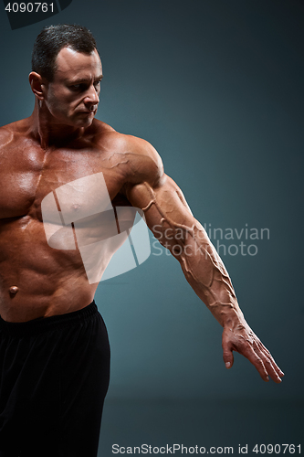 Image of torso of attractive male body builder on gray background.