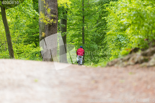 Image of Cyclist Riding Bycicle on Forest Trail.