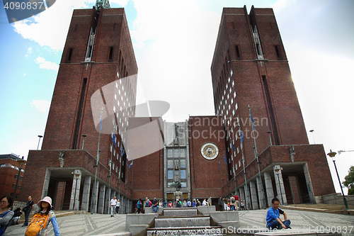 Image of OSLO, NORWAY – AUGUST 18, 2016: Tourists around the main entra