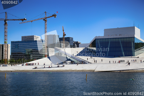 Image of OSLO, NORWAY – AUGUST 17, 2016: Tourist on the Oslo Opera Hous